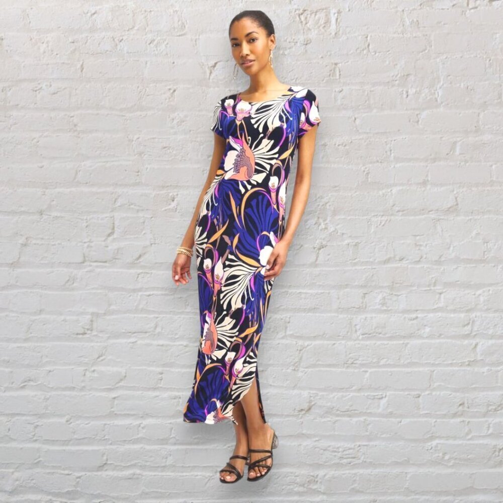 CHICOS Travelers Calla Lily Classic Floral Maxi Stretch Knit Short Sleeve Dress